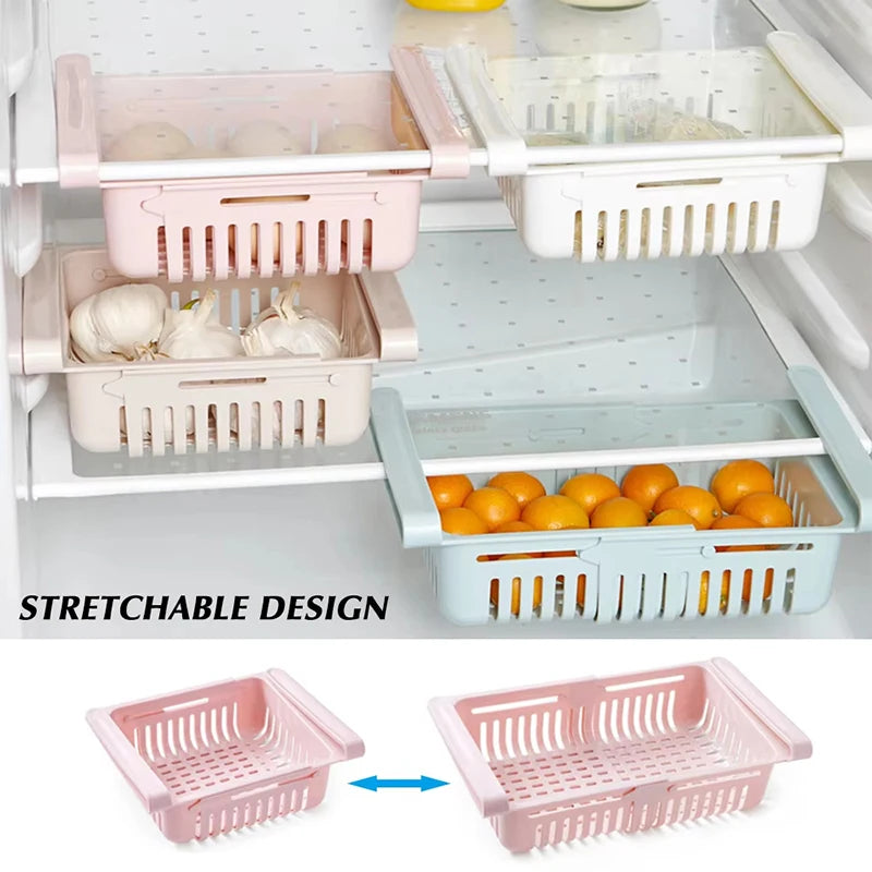 Refrigerator Storage Basket Adjustable Stretchable Refrigerator Partition Storage Rack Multi Functional Flexible Storage Basket​
