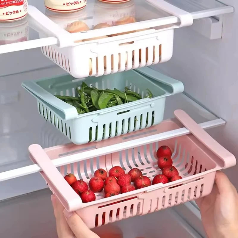 Refrigerator Storage Basket Adjustable Stretchable Refrigerator Partition Storage Rack Multi Functional Flexible Storage Basket​