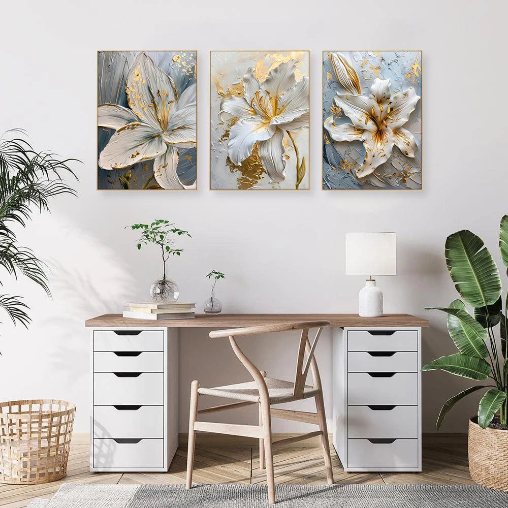 3D Gold and White Flower Canvas